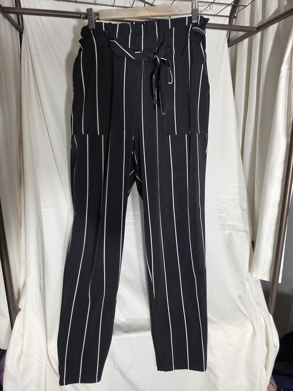 Womens Black Pinstripe Paperbag Waist Chinos